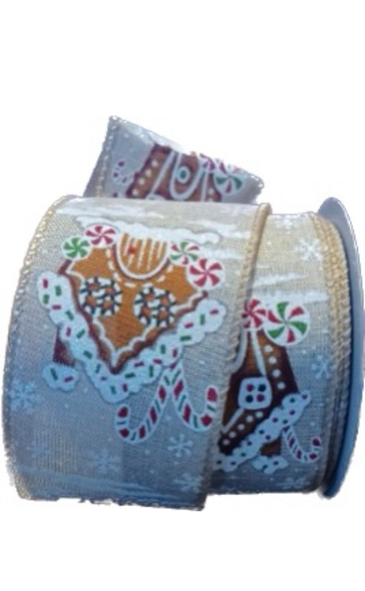 Wired Gingerbread House on Natural Ribbon-2.5”x10 Yards