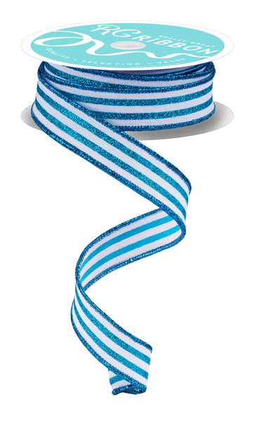 Wired White and Turquoise Vertical Stripe Glitter Accent Ribbon- 7/8”x10 Yards