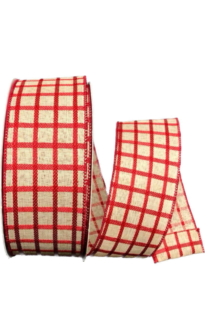 50 Yards - 2.5” Natural Background Red Stitched Check Ribbon