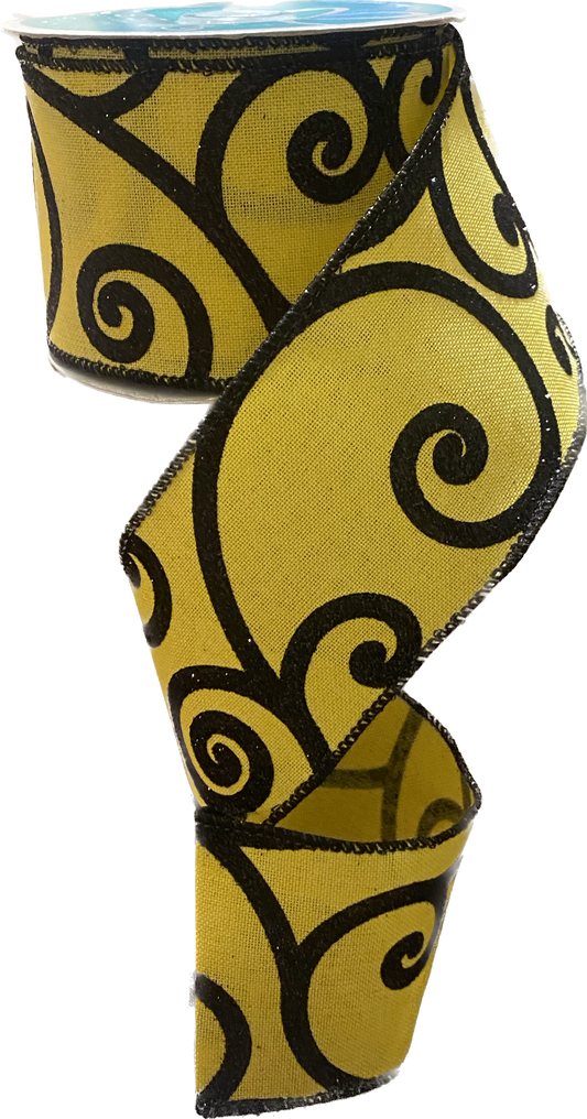 10 Yards - 2.5" Yellow with Black Glitter Swirl Accent Ribbon