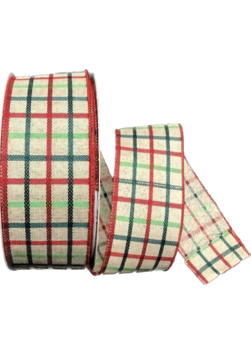 50 Yards - 2.5” Natural Background Red and Green Stitched Check Ribbon