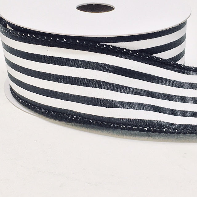 10 Yards - 1.5” Wired Black and White Stripe Ribbon