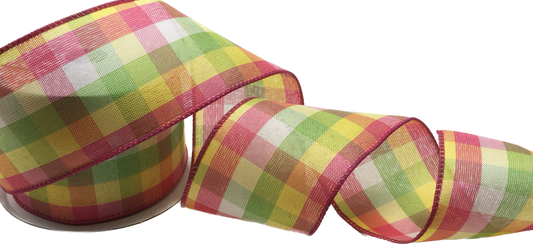 10 Yards - 2.5” Wired Multicolored Pink, Green, Yellow and White Gingham Ribbon