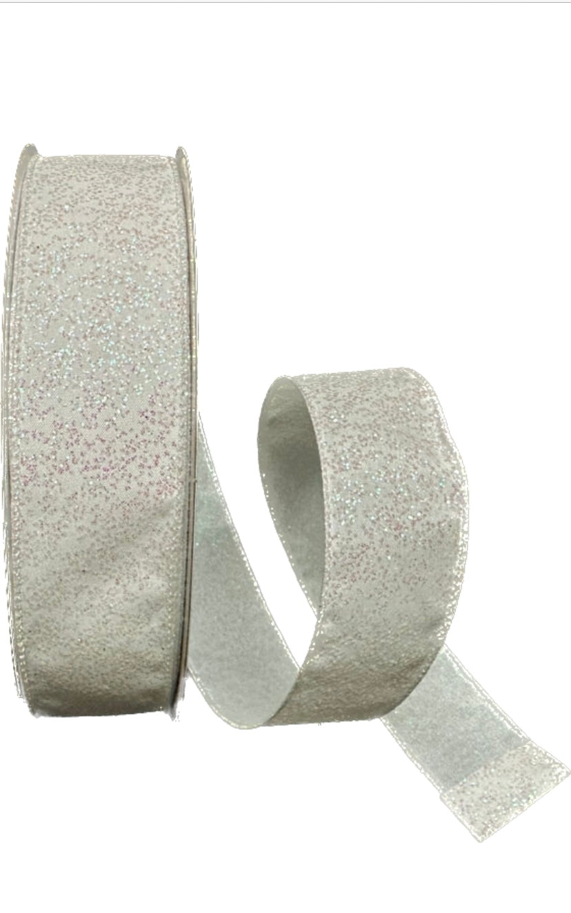 Wired White Glitter Christmas Ribbon-1.5”x50 Yards