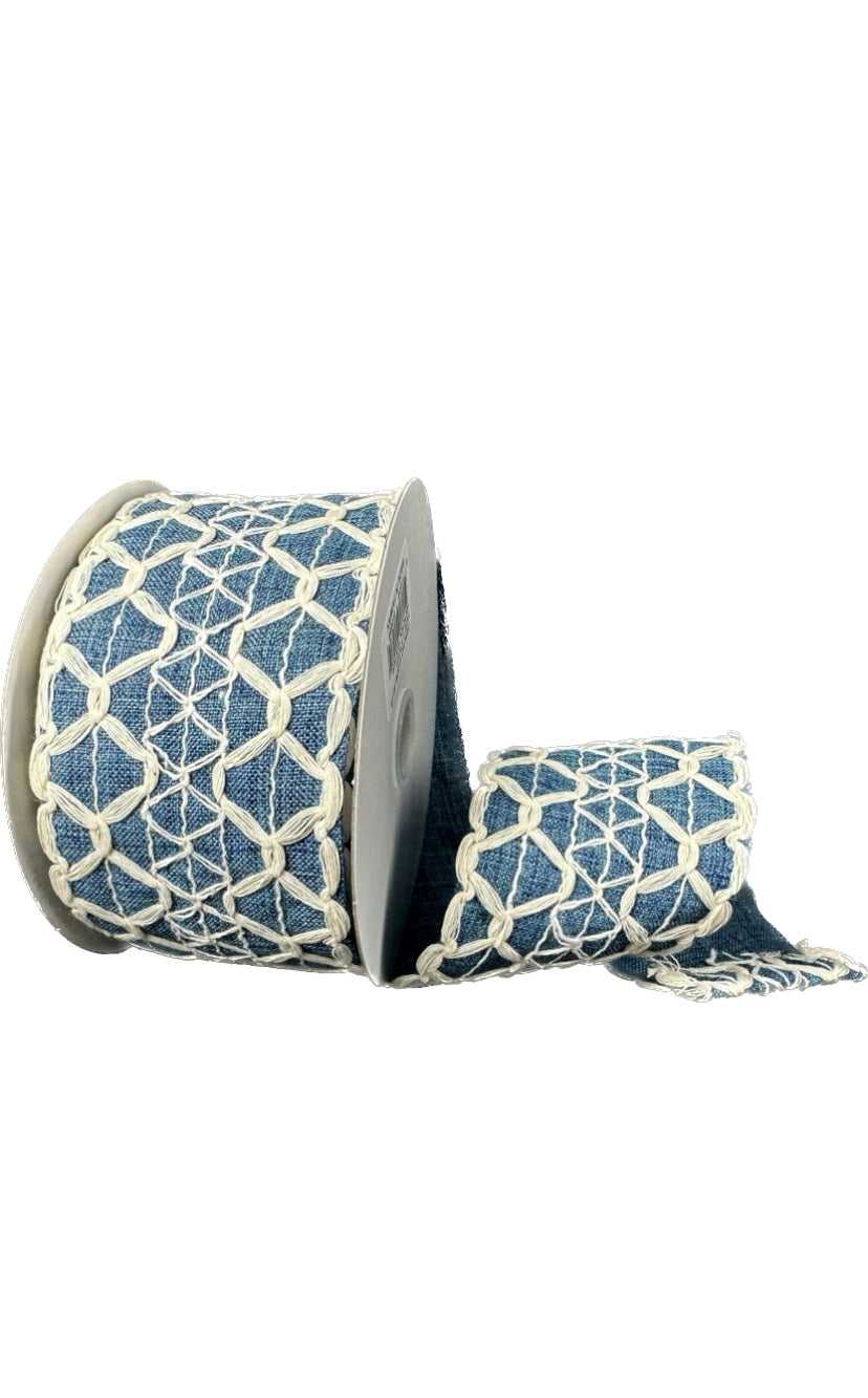 Wired Ivory Scalloped Denim Blue Burlap Weave Decorative Netting Ribbon - Everyday Ribbon-2.5”x10 Yards
