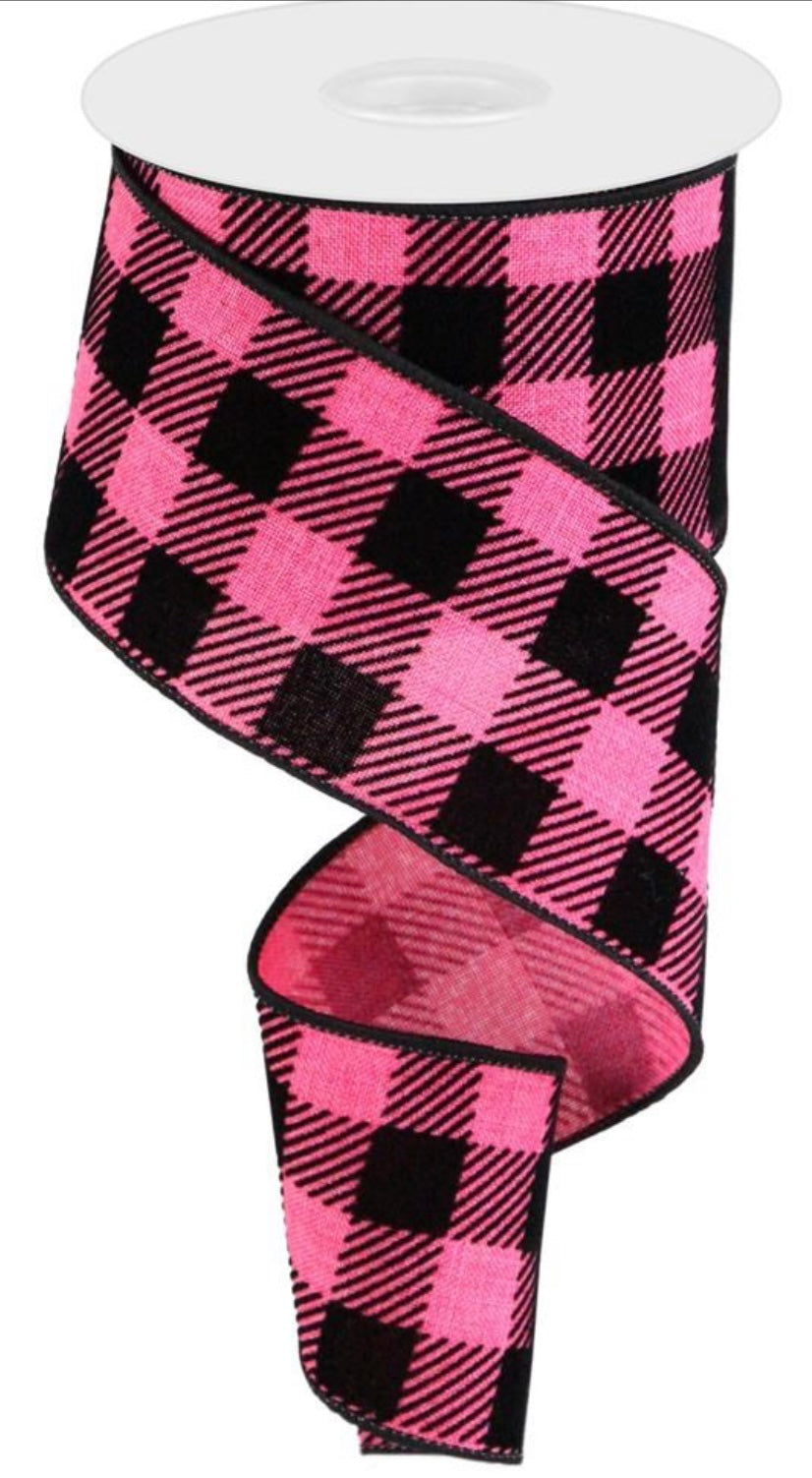 10 Yards- 2.5” Wired Black and Pink Velvet Check Squares Ribbon