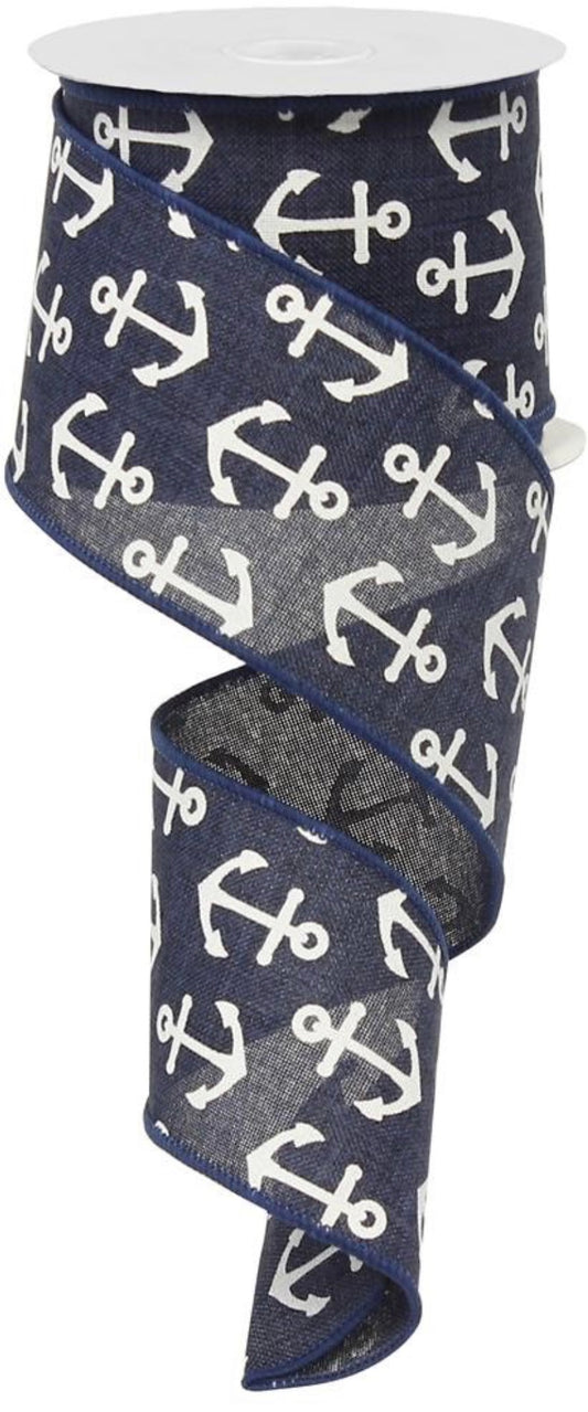 10 Yards - 2.5” Navy Blue with White Anchors Beach Ribbon