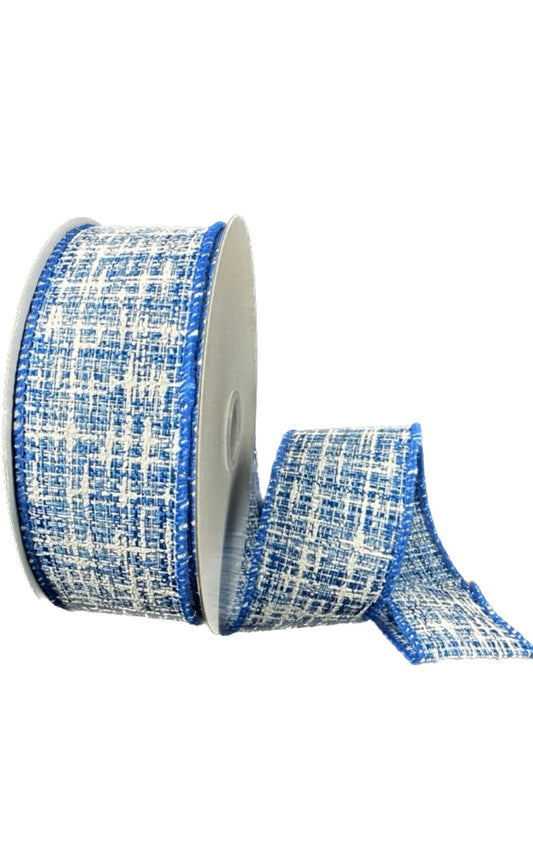 10 Yards - 1.5” Wired Blue and White Embellished Tweed Ribbon