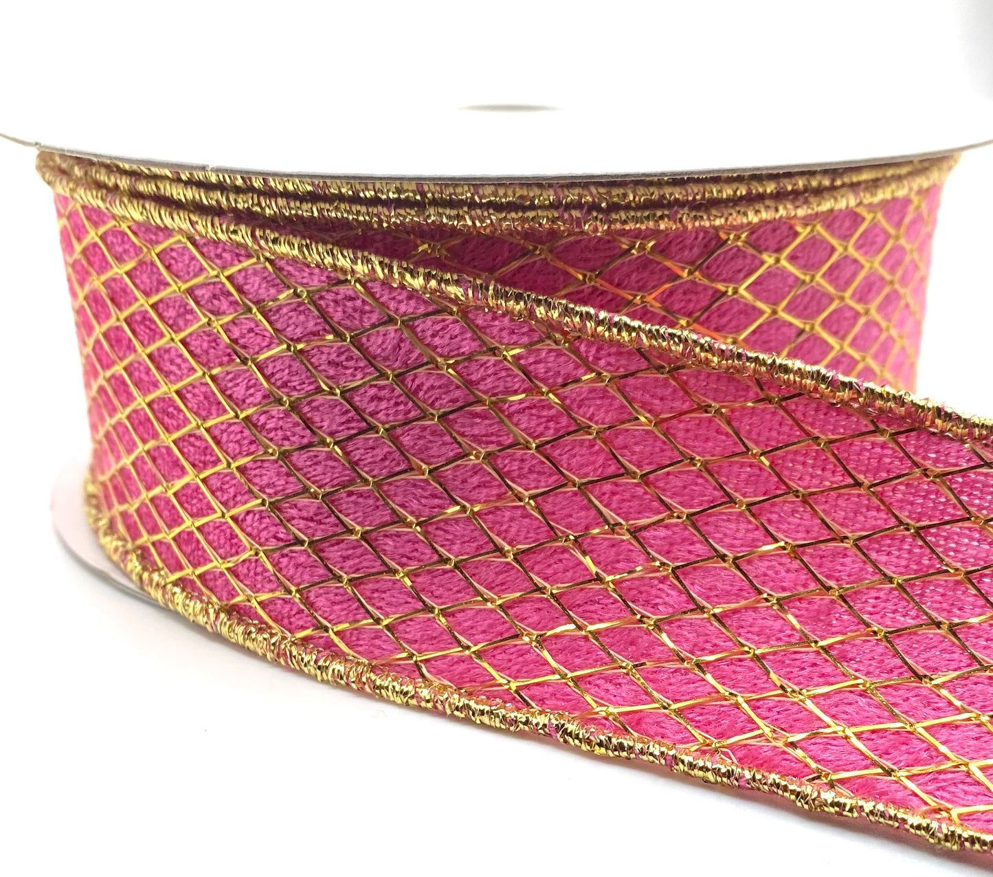 10 Yards - 1.5” Wired Pink Velvet Gold Net Overlay Ribbon