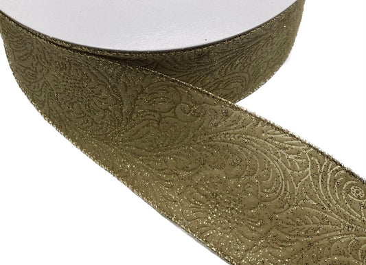 50 Yards - 2.5" Wired Gold Glitter Floral Design Embossed Ribbon