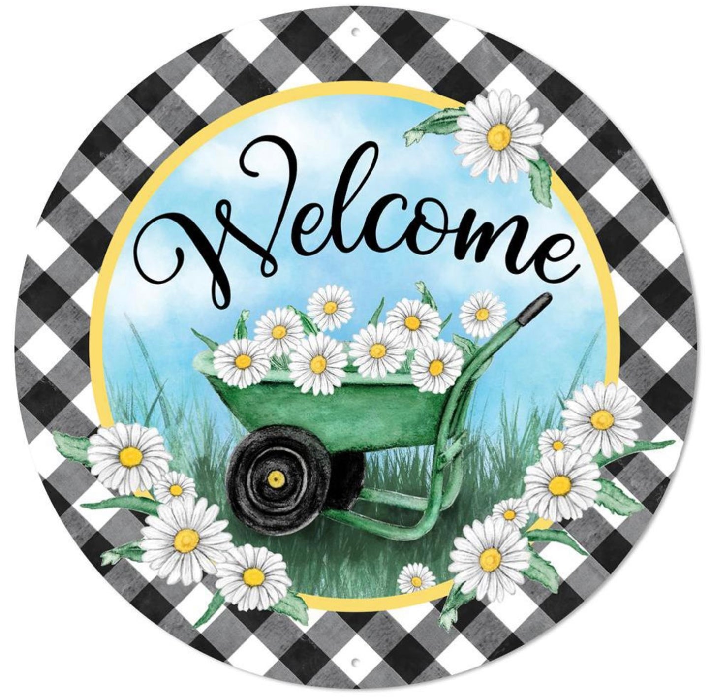 12” Round Metal Welcome Sign with Wheelbarrow and Daisies