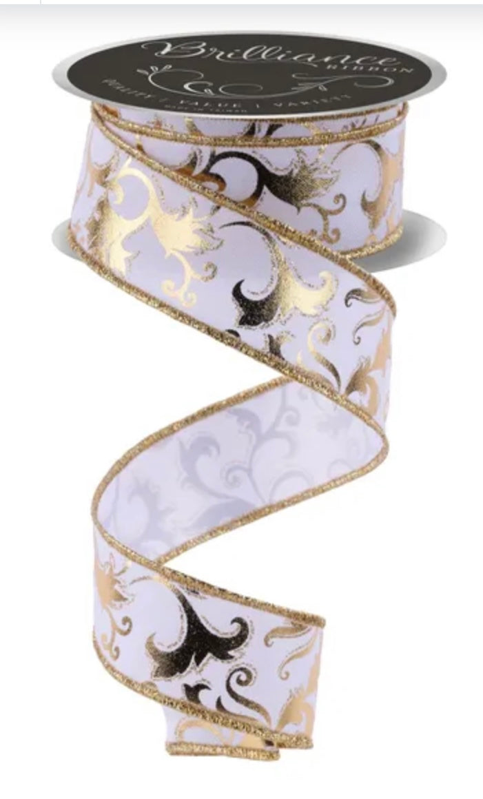 Wired White with Gold Metallic Foil Swirl Leaf-1.5”x10 Yards