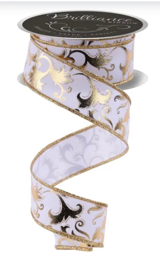 Wired White with Gold Metallic Foil Swirl Leaf-1.5”x10 Yards