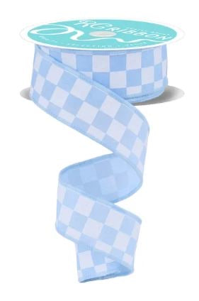 Wired Light Blue and White Print Glitter Check Ribbon- 1.5”x10 Yards