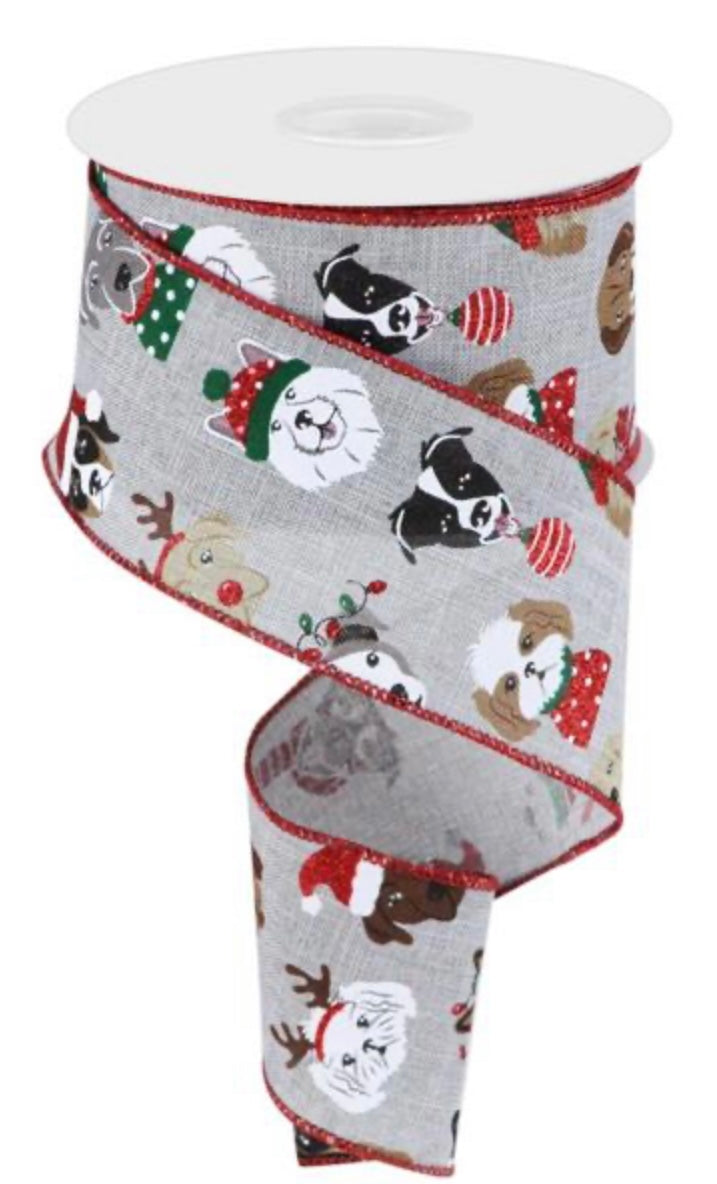 10 Yards - 2.5” Wired Gray Background Christmas Pooch Dog Ribbon with Glitter Accent and Red Edge