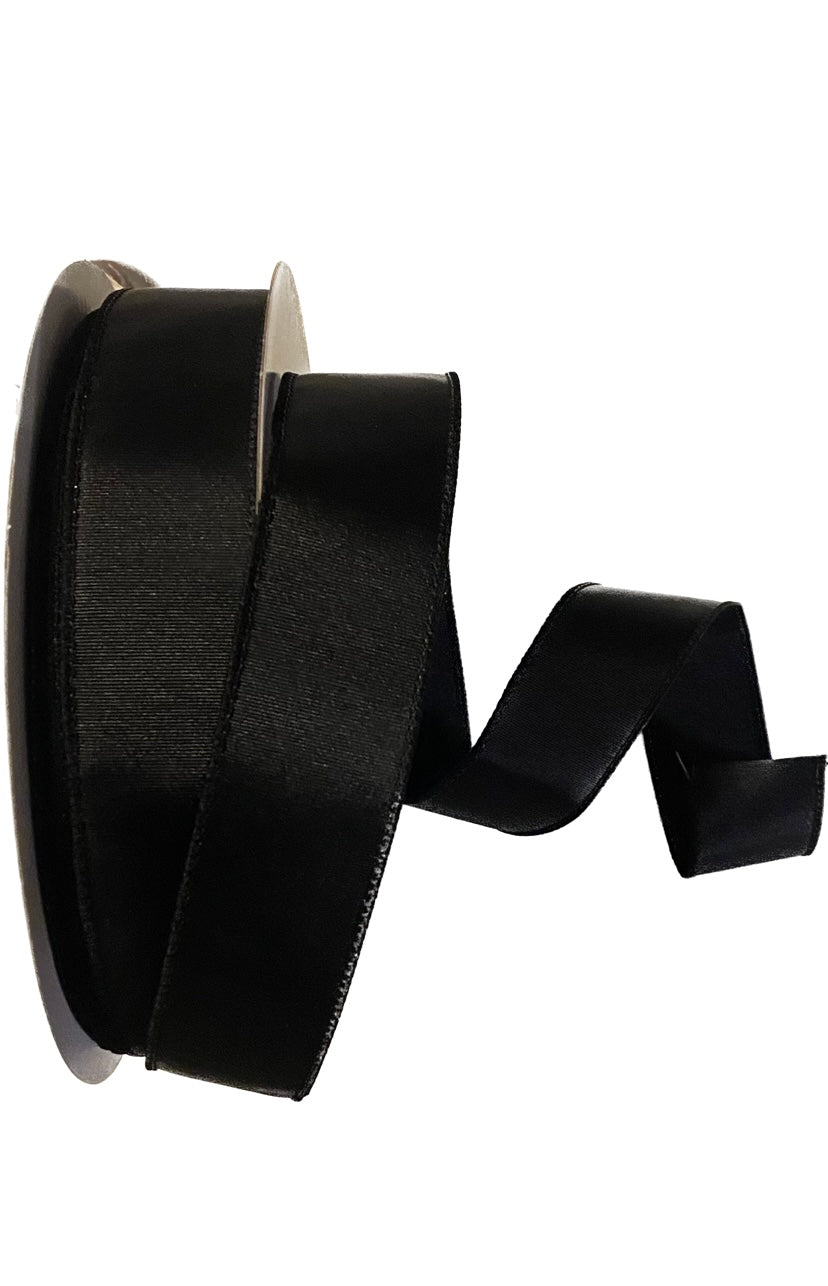 Wired Black Ribbed Satin Ribbon-1.5”x50 Yards