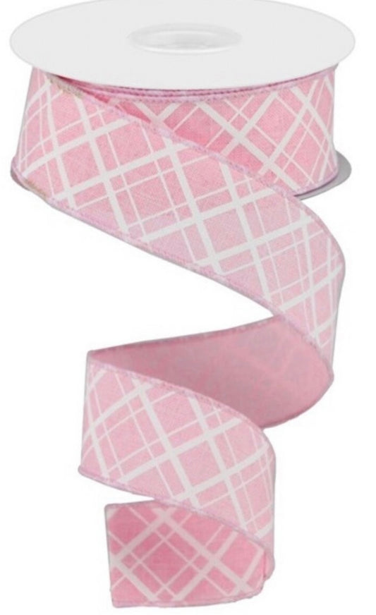 10 Yards - 1.5” Wired Pink and White Cross Plaid Ribbon