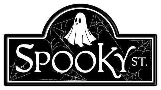 Spooky Street Metal Embossed Wreath Sign-15”x8”