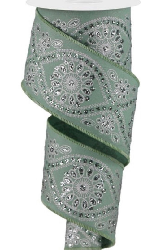 10 Yards - 2.5” Wired Sage Green and Silver Deluxe Wavy Floral Ribbon