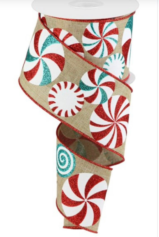 10 Yards - 2.5” Wired Natural Background Peppermint Swirl Christmas Ribbon