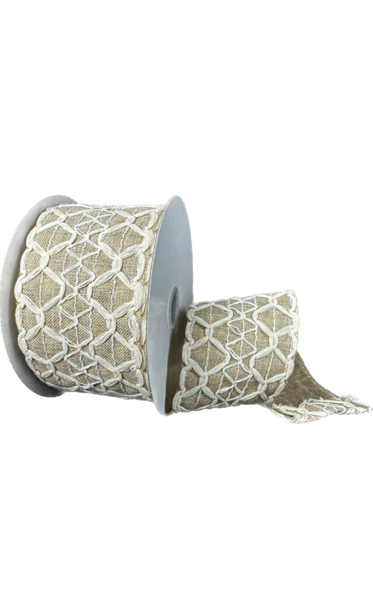 Wired Ivory Scallop Open Weave Natural Blue Burlap Ribbon-2.5”x10 Yards