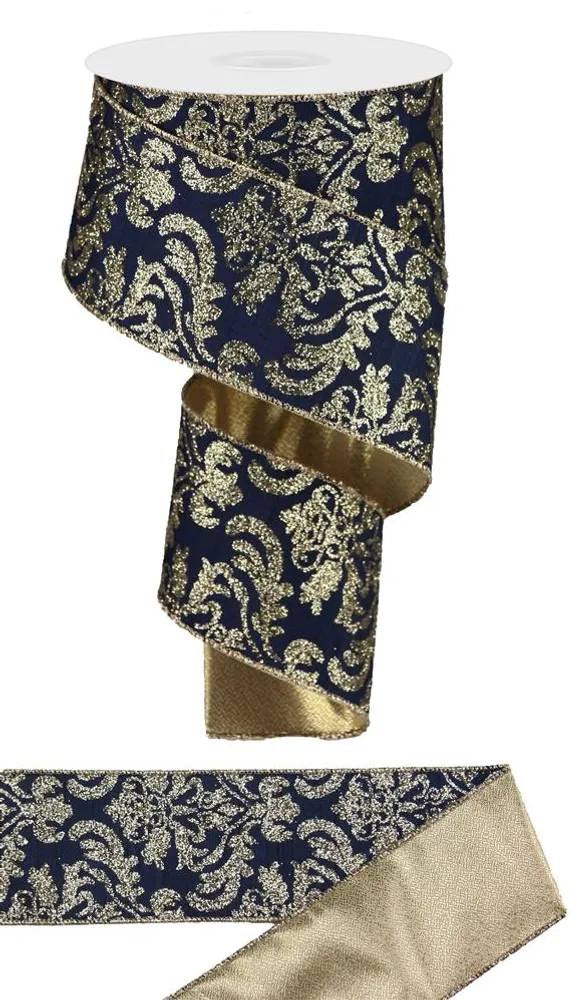 Wired Navy Blue Light Gold Bold Damask Faux Dupioni  Ribbon- 2.5”x 10 Yards