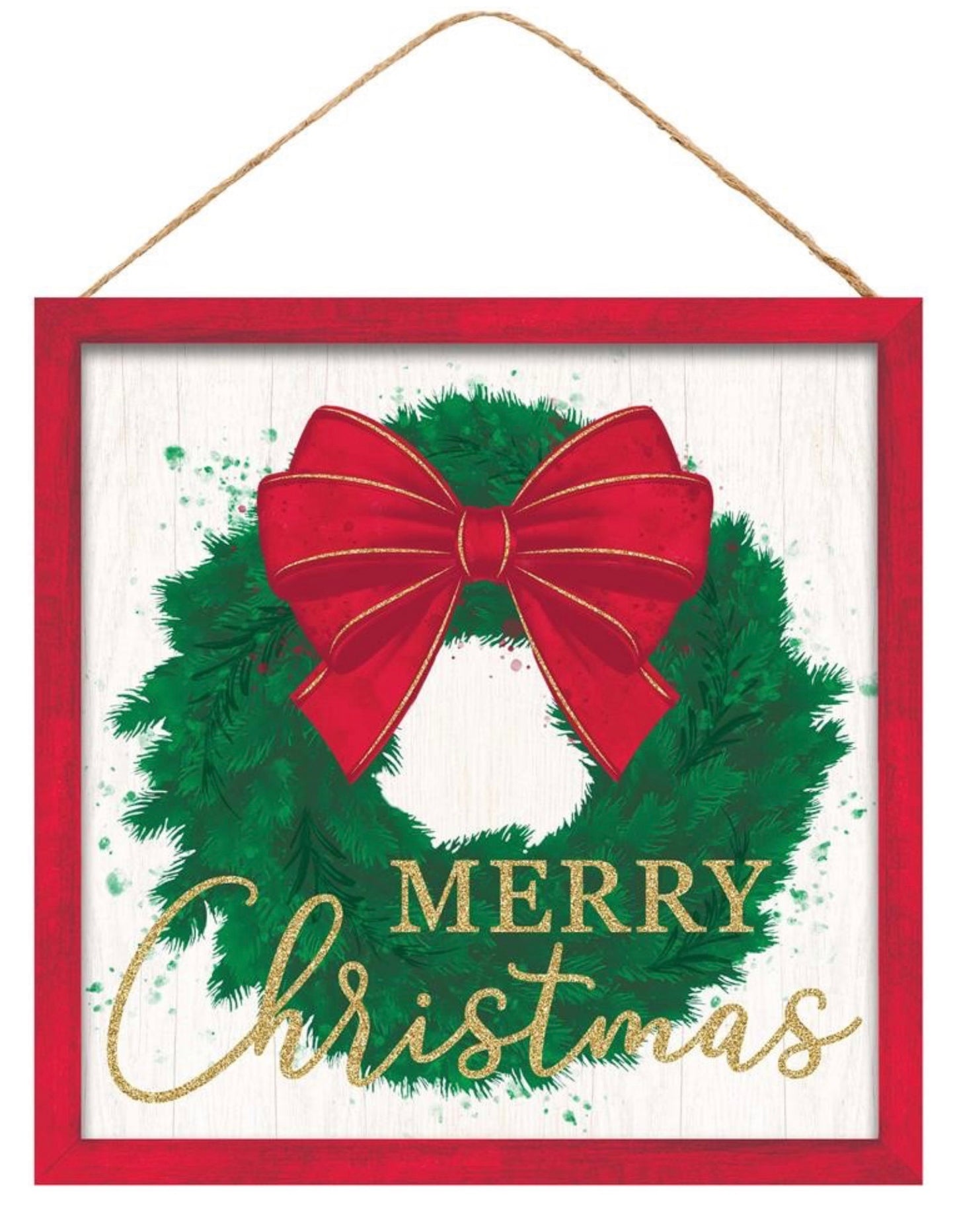 10” Square Merry Christmas Wreath Sign with Glitter Accent