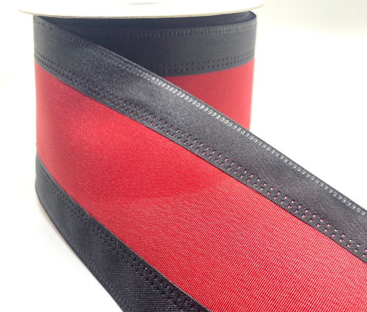 10 Yards - 2.5” Wired Red and Black Stripe Satin Ribbon