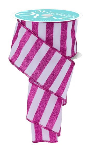 Wired White and Hot Pink Horizontal Stripe Glitter Accent Ribbon- 2.5”x10 Yards