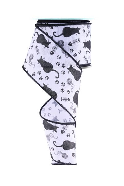 10 Yards - 2.5” Wired Cat, Yarn, Fishbone and Paw Print White Background Ribbon
