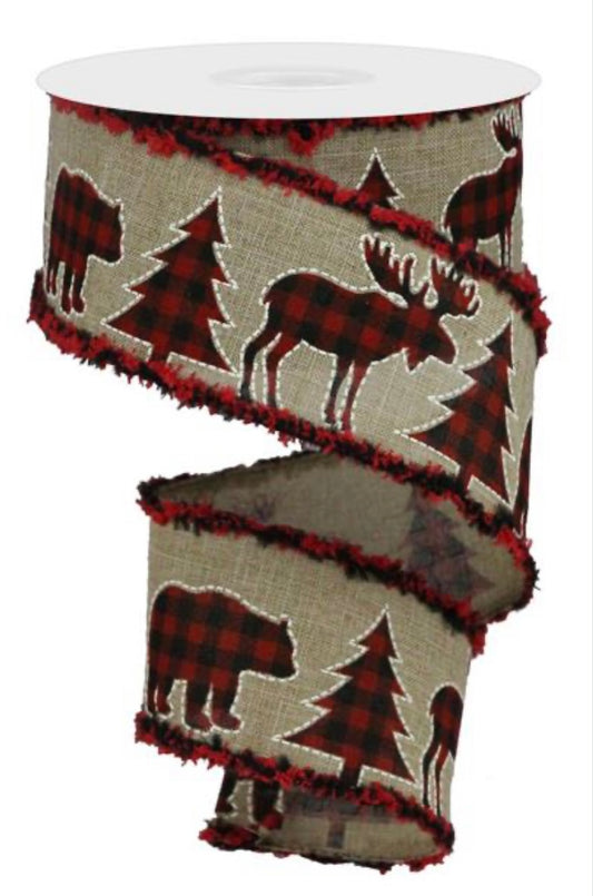 10 Yards - 2.5" Wired Red and Black Check Moose, Tree and Bear with Snowdrift Edge Ribbon