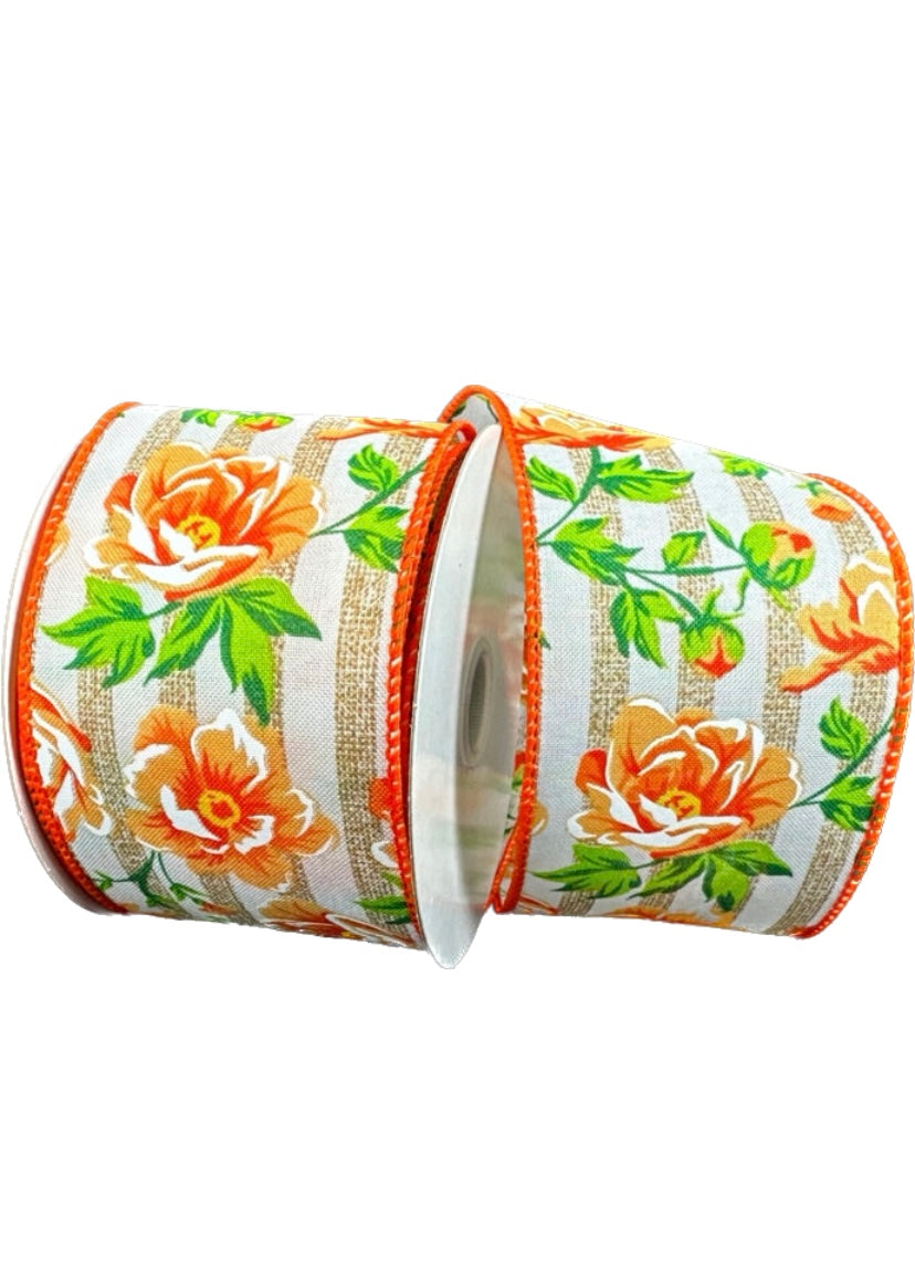 10 Yards - 2.5" Wired Tan and White Cabana Stripe Peach Peonies Ribbon