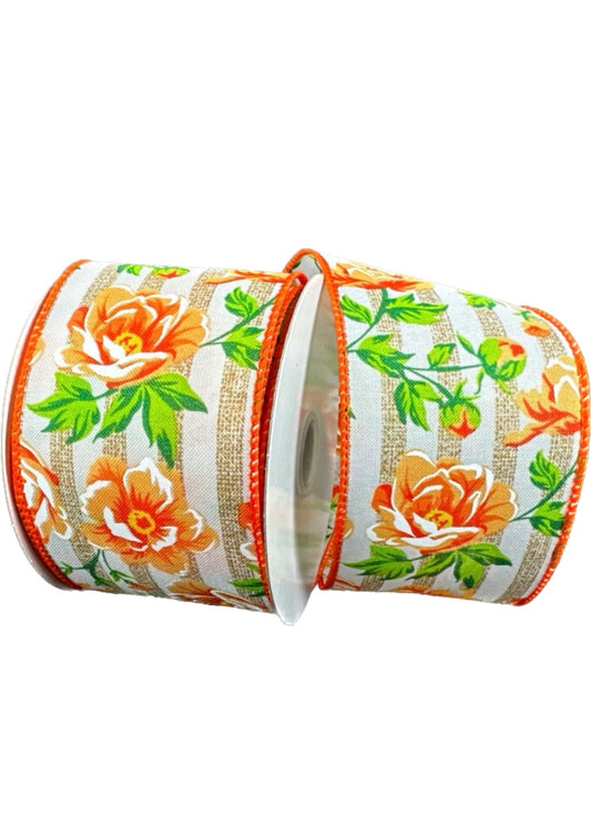 10 Yards - 2.5" Wired Tan and White Cabana Stripe Peach Peonies Ribbon