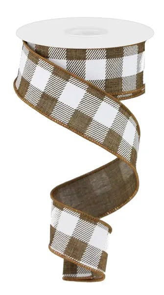 Wired Brown and White Check Ribbon-1.5”x10 Yards