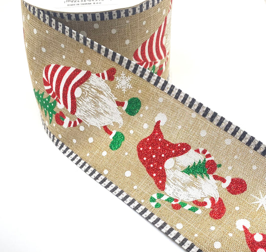 10 Yards - 2.5" Wired Natural Background Christmas Gnome Ribbon with Striped Edge