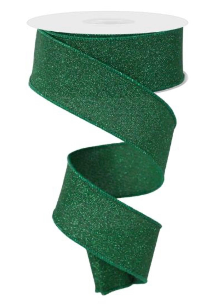 10 Yards - 1.5” Wired Emerald Green Glitter Ribbon