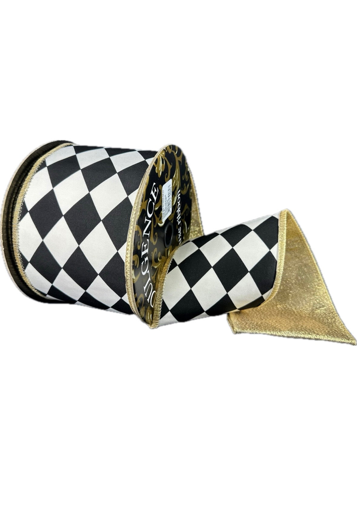 Wired White Thick Satin Black Big Harlequin/Gold Metallic Back Ribbon- 4”x10 Yards