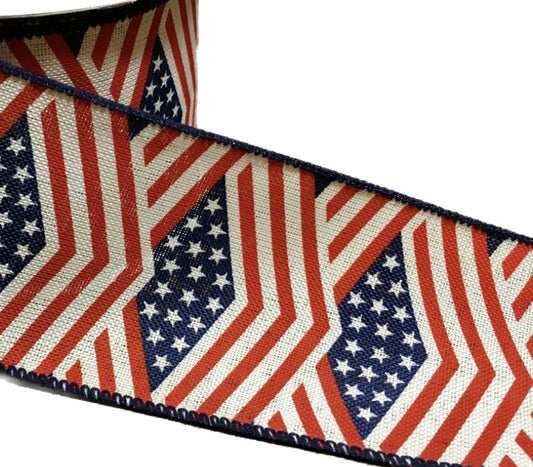 10 Yards - 2.5” Wired Patriotic Red, Natural, and Navy Blue Abstract Flag Ribbon