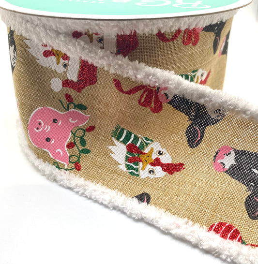 10 Yards - 2.5” Wired Natural Background Christmas Farm Animals Ribbon with Glitter Accent and Snowdrift Edge