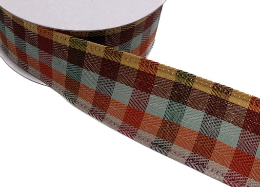 10 Yards - 1.5" Wired Burgundy Yellow Orange Teal Chevron Check Plaid Ribbon