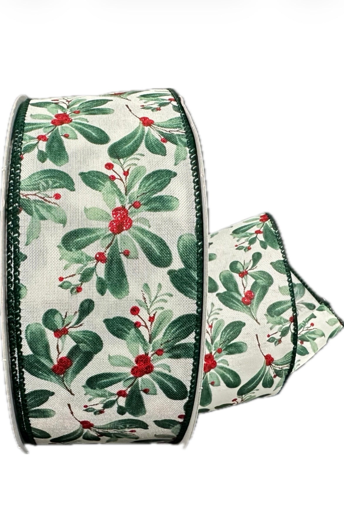 Wired Cream Satin Painted Mistletoe Ribbon- 2.5”x50 Yards