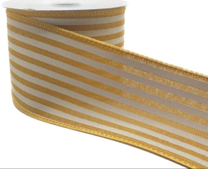 10 Yards - 2.5" Wired Sunflower Yellow and Cream Stripe Ribbon