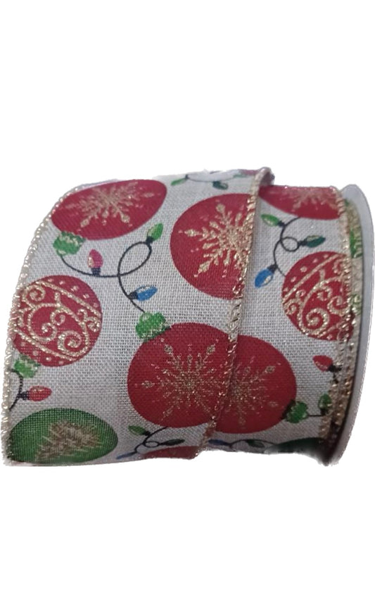 Wired Ornaments and Lights on Natural Ribbon-2.5”x10 Yards