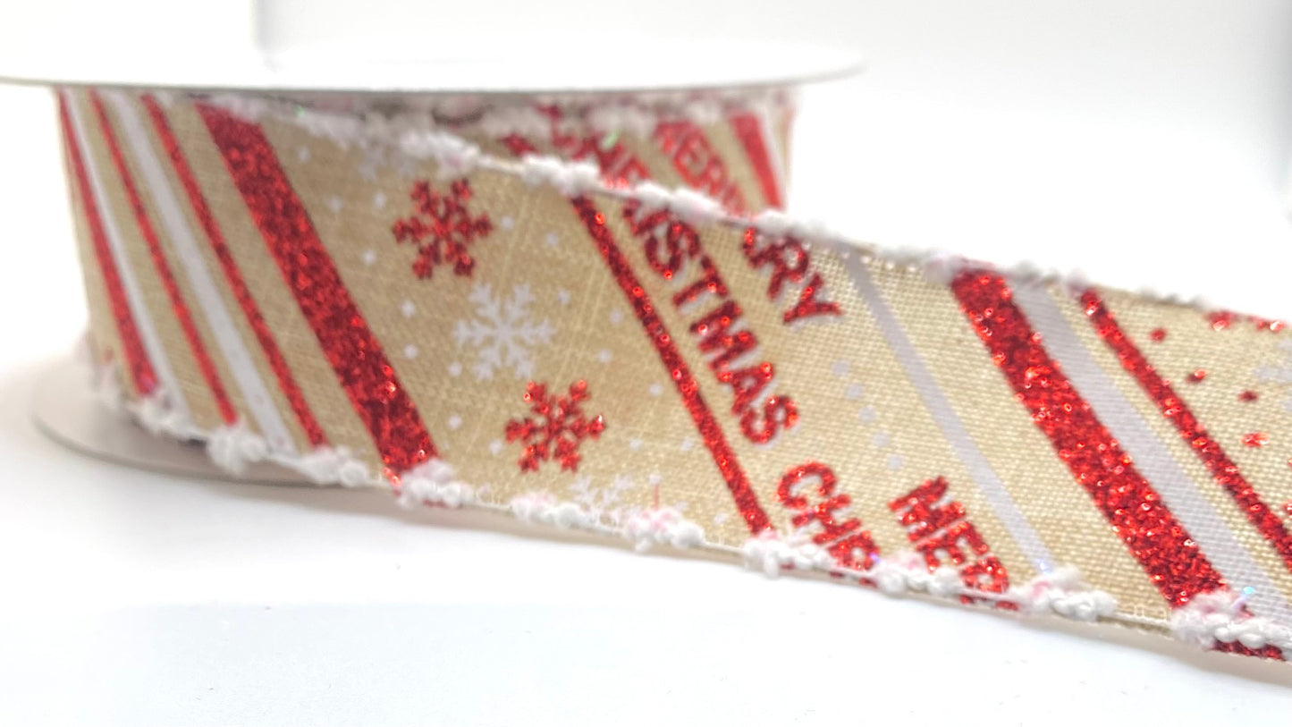 10 Yards - 1.5” Wired Natural Linen Red Gold Glitter Diagonal Stripe Merry Christmas Ribbon