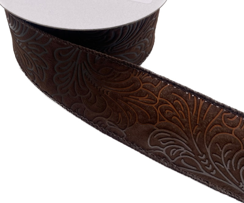 10 Yards - 1.5” Wired Chocolate Brown Floral Embossed Ribbon