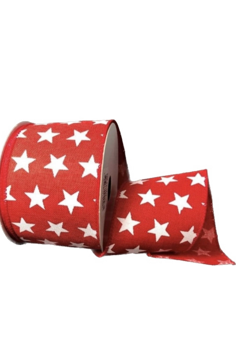 10 Yards - 2.5” Wired Dark Red with White Stars Patriotic Ribbon