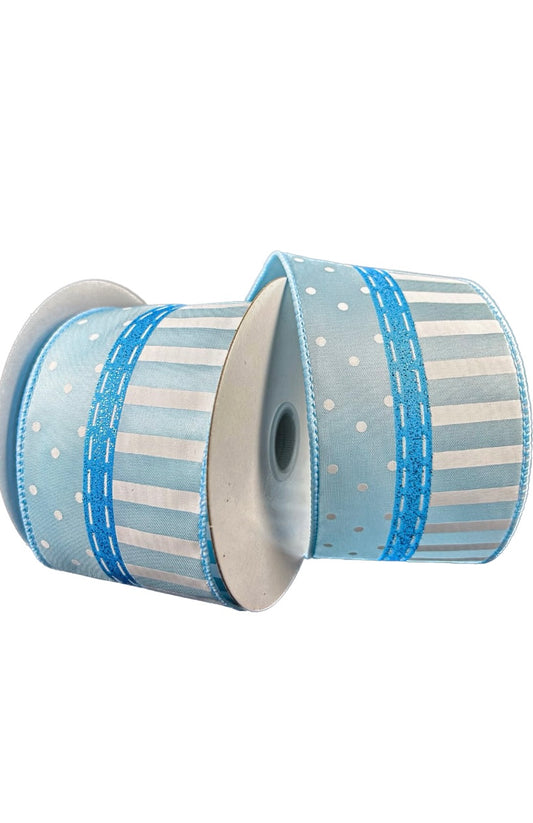 Wired Light Blue Satin White Stripes and Dots Ribbon- 2.5”x10 Yards