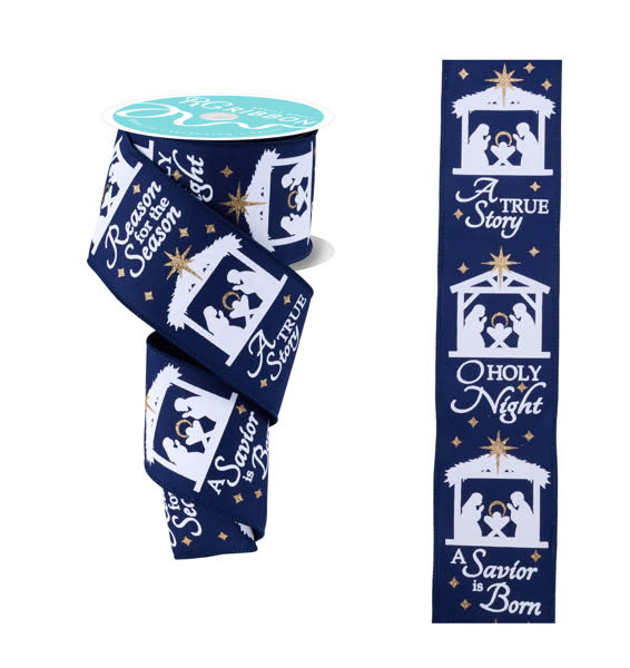 Wired Navy Jesus Is The Reason For The Season with Gold Glitter Accent Christmas Ribbon- 2.5”x10 Yards