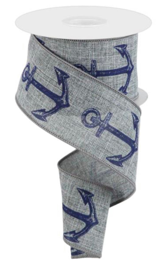 10 Yards - 2.5” Gray Background with Navy Anchors Beach Ribbon