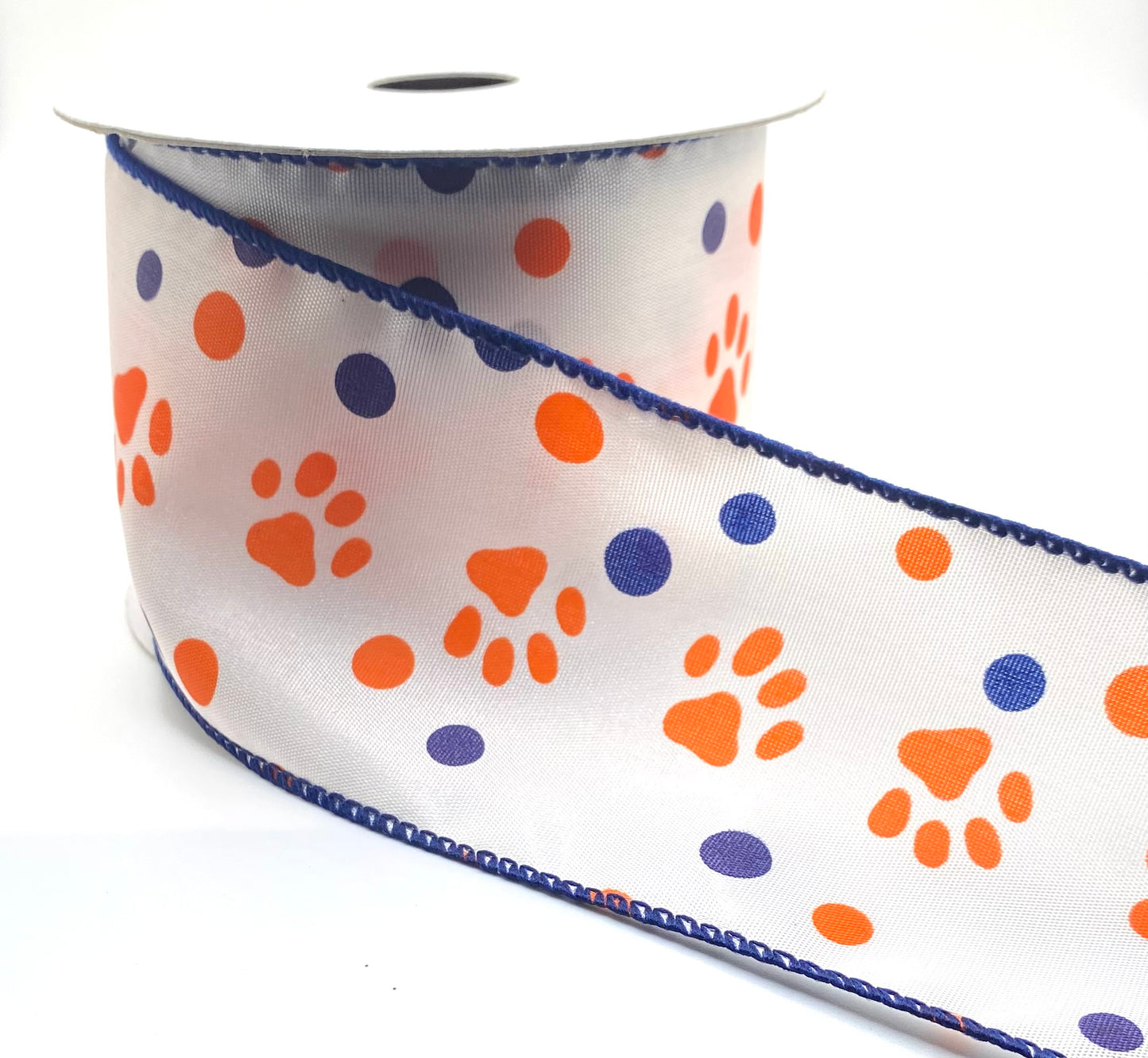 10 Yards - 2.5” Wired Orange and Navy Satin Paw Print Polka Dot Ribbon
